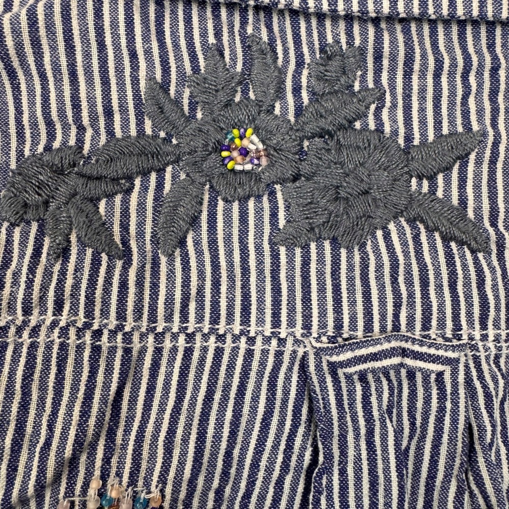 Pilcro Anthropologie Blue White Striped Embroidered Beaded Button Down Shirt XL - Picture 6 of 6